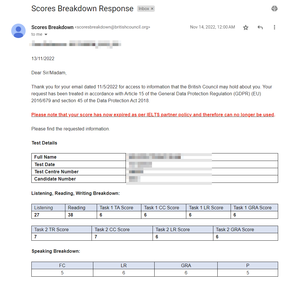British Council gửi email chứa chi tiết điểm của các tiêu chí