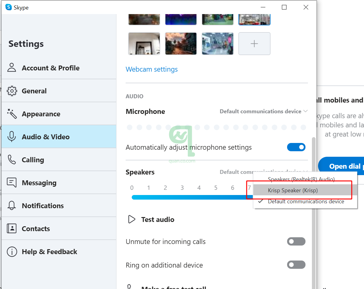 Chọn Krisp Speaker là nguồn phát ra cho Skype